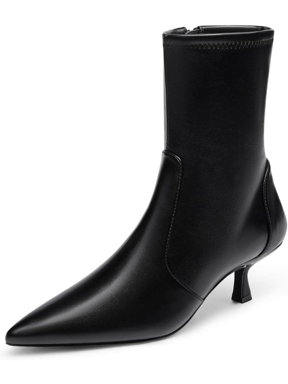 Women's Black Pu Comfortable Pointed Toe Side Zipper Low Kitten Heel Ankle Boots